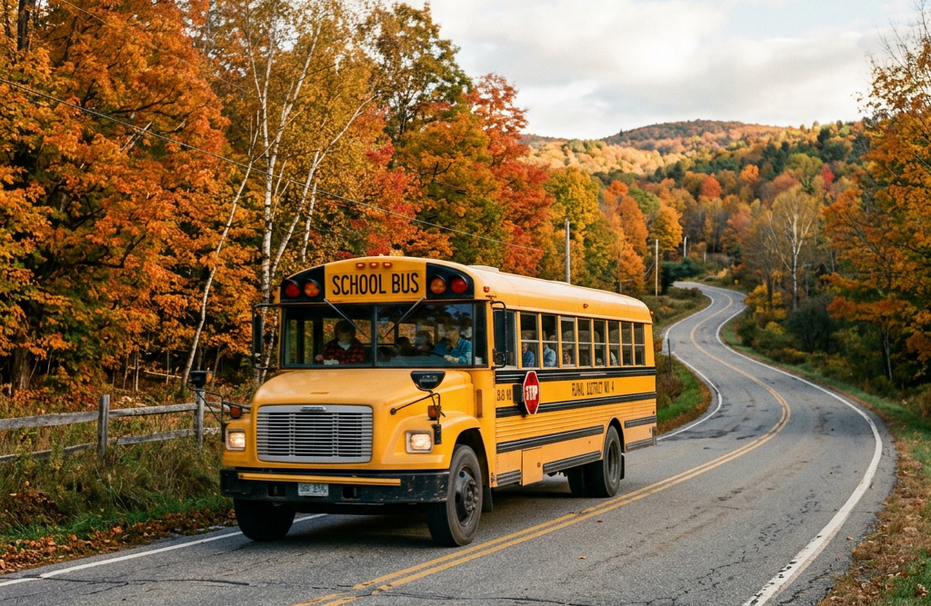 Yellow school bus driving on a rural road with colorful autumn trees