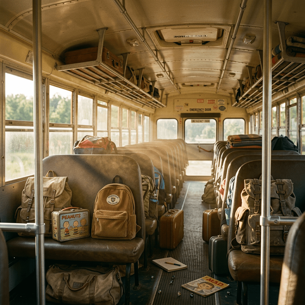 Empty school bus seats with numerous colorful backpacks placed on and under them